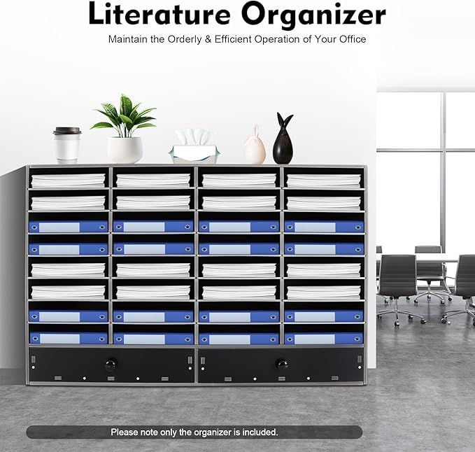 SHIECAMASIC Literature Organizer, 32 Compartments Office Mailbox with 2 Drawers & Adjustable Shelves, Durable Desktop File Sorter for Home, Office and School (Black)