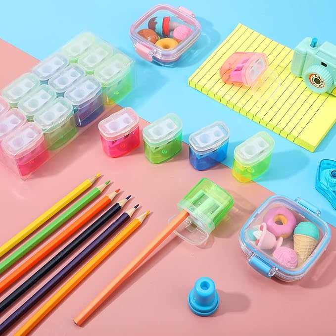 Teling 144 Pcs Manual Pencil Sharpeners Bulk Handheld Dual Holes Pencil Sharpeners for Kids Colorful Portable Compact Sharpener with Lid for Students School Class Home Office Supply