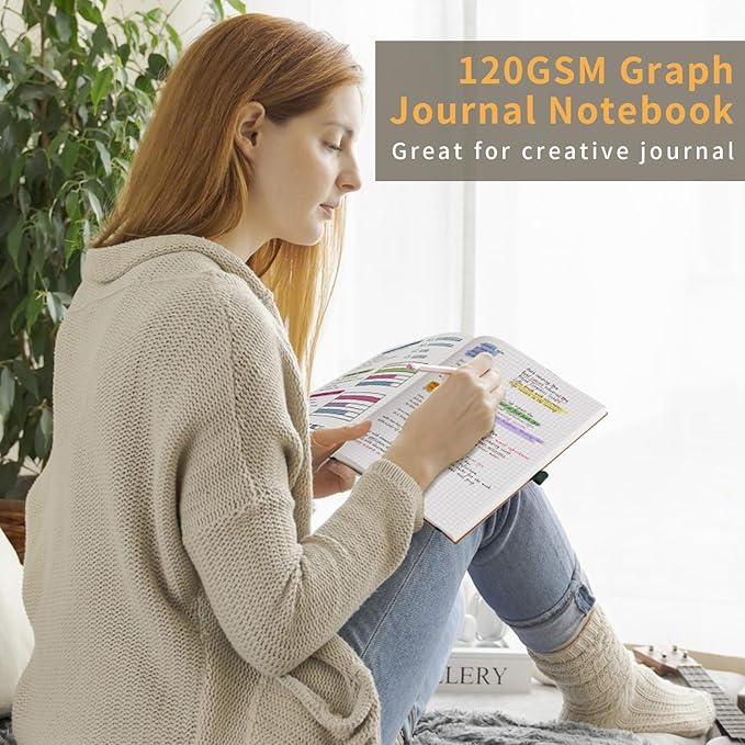 AHGXG Graph Paper Notebook - Grid Notebook Journal, 120 GSM Thick Graph Paper, Large B5 Notebook 96 Pages, Leather Softcover, for Graphing, Writing, Math, Engineering, 7.6'' X 10'' - Black