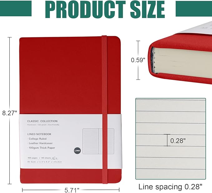 EMOMAS Lined Journal Notebook, 6Pack Hardcover Notebook for Men & Women – Journals for Writing, Work, School, Home & Daily Notes, 160 Pages – Medium A5, 5.7"x8", 100 gsm Thick Paper (Red)