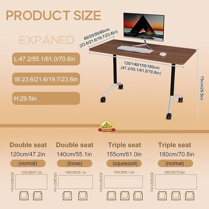 Folding Conference Table 4ft 5ft, Foldable Office Meeting Desk for 6 People, Multiple Sizes Colors Mobile Conference Room Table for Training Room School Business Furniture (4, Walnut, 71in)