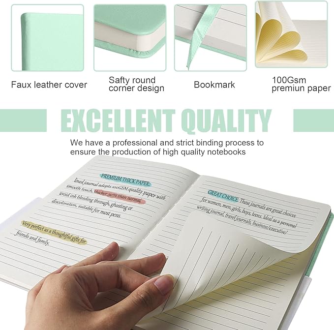 EMOMAS Lined Journal Notebook, 6Pack Hardcover Notebook for Men & Women – Journals for Writing, Work, School, Home & Daily Notes, 160 Pages – Medium A5, 5.7"x8", 100 gsm Thick Paper (Eggshell Green)
