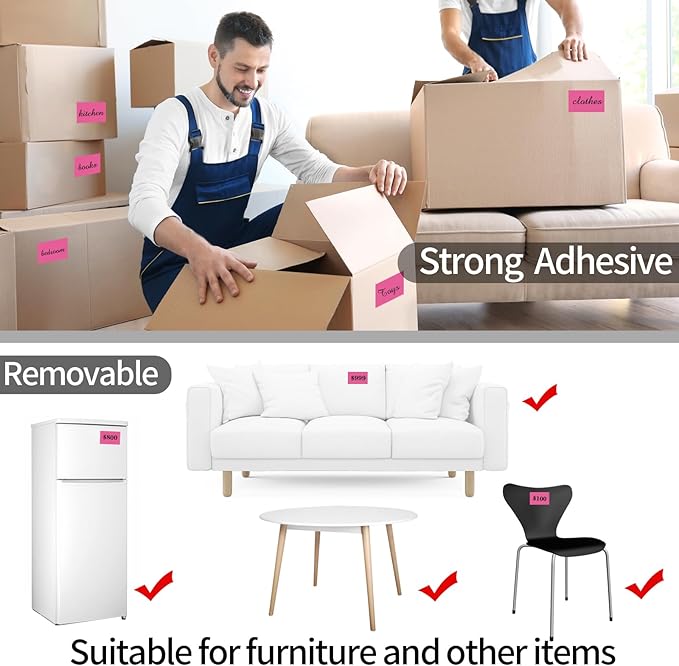 STARLIBOO Removable Colored Labels Stickers, 3X5 Inch Removable Large Label Stickers for Moving Boxes and Storage Bins- Waterproof- Tear Resistant (Rose Pink)