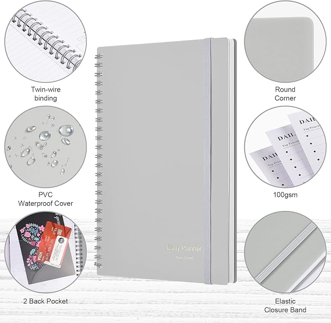 Daily Planner Undated, Asten To Do List Notebook Hourly Schedules Spiral Appointment Planner for Men and Women,PVC Hardcover,Elastic Closure, Inner Pocket 8.3" x 5.8" (Gray)