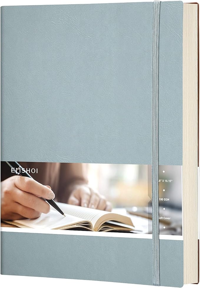 EMSHOI Dotted Journal Bullet Notebook, B5 Large Softcover Leather Journal, 192 Numbered Pages 100gsm Thick Dot Grid Notebook for Drawing Women Men Work School Supplies, 7.48"x10.15"-GrayBlue