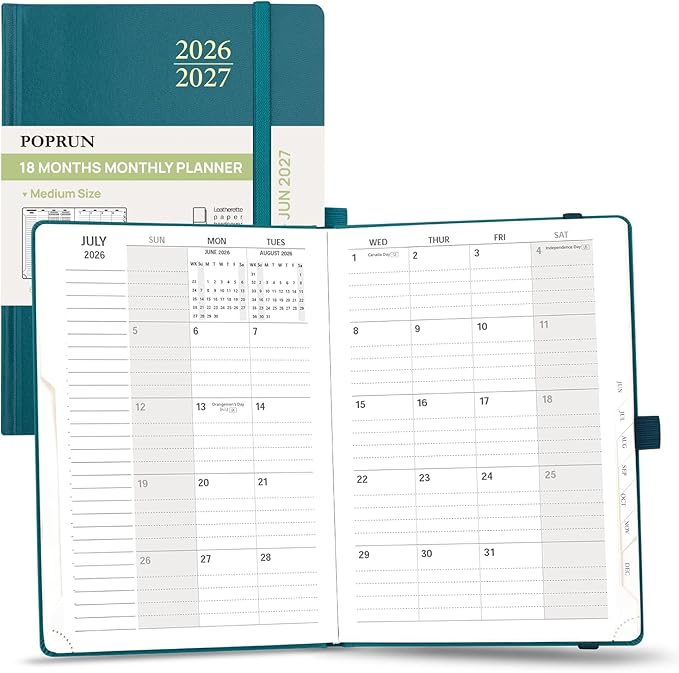 POPRUN Monthly Planner 2026-2027, Medium-6.25'' x 8.5'', 18-Month Calendar Book (Jan.26 - Jun.27), Calendar Planner with Monthly Tabs, Storage Pocket, Hardcover, 100 GSM Paper - Pacific Green