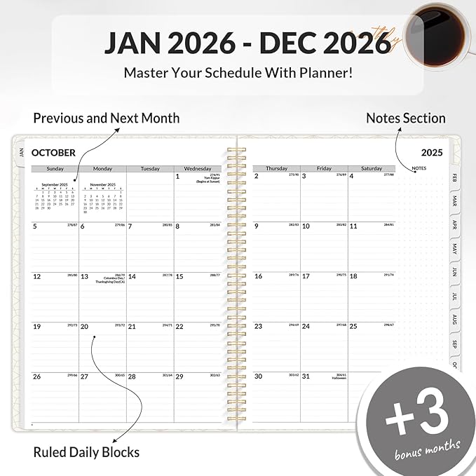 SUNEE 2026 Planner, Weekly and Monthly Calendar Planner, January 2026-December 2026, Daily Agenda with Tabs, Note Pages, Spiral Binding, 6.4"x8.3", Sage Green
