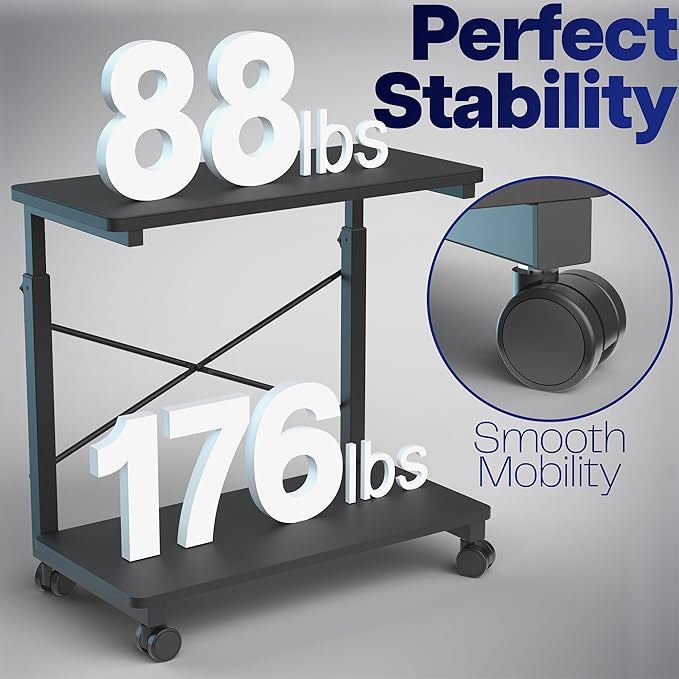 VIVO Large Mobile Adjustable 2-Tier PC Stand, Premium Gaming CPU Computer Tower and Mouse Storage, Rolling Floor Cart, Locking Caster Wheels, Black, CART-PC03P