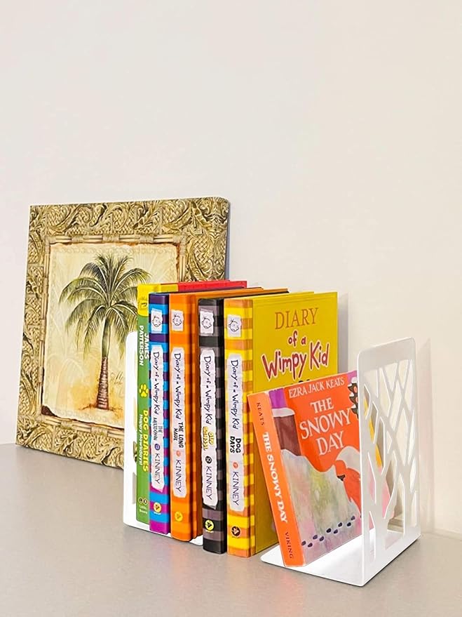 MSDADA Bookends, Book Ends for Shelves, Bookends for Office, Book Ends for Heavy Books, Book Shelf Holder Stand Home Decorative，Metal Bookend Supports, Book Stoppers, White(4 Pairs)