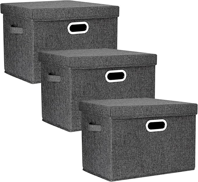 TYEERS Large Collapsible Storage Bins with Lids, Organization Bins for Closet Storage, Clothes Storage, Folding Storage Box with Lids for Home Office Storage - 3 Pack - Black