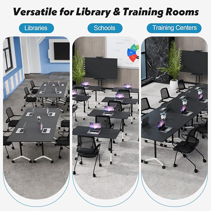 Goakwwuz Conference Room Table, Folding Conference Tables,Thicken Grey Tabletop,Flip Top Wooden Seminar Meeting Room Table for Conference Room Offices (8, Black, 47.2“)