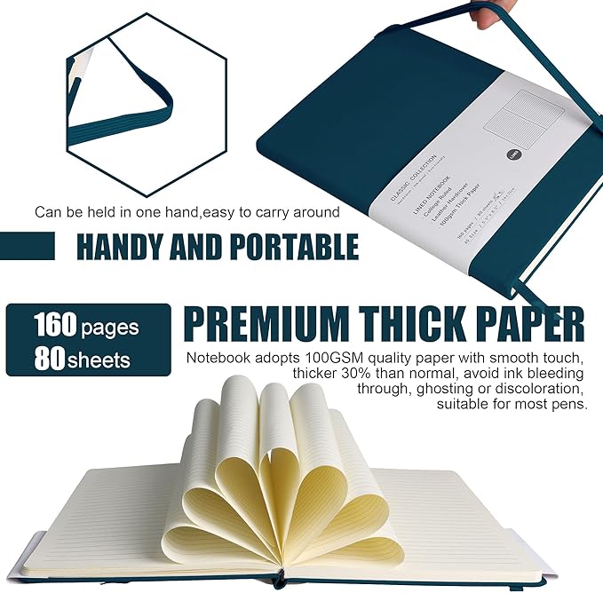 EMOMAS Lined Journal Notebook – Hardcover Notebook for Men & Women – Journals for Writing, Work, School, Home & Daily Notes, 160 Pages – Medium A5, 5.7"x8", 100 gsm Thick Paper (Turquoise)