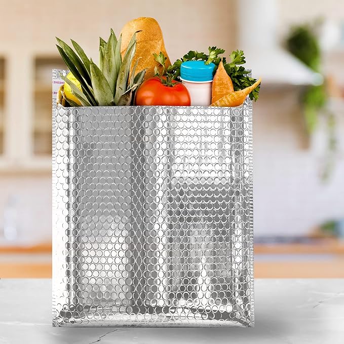 Amiff Silver Thermal Bubble Mailer, 18 x 22 Inches. 50 Pack Metallic Bubble Mailers. Self-Seal Insulated Mailers for Cold Shipping. Padded Envelopes Waterproof. Thermal Bag for Food, Cosmetics