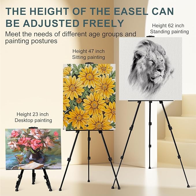 AROIC 17-66 Inch Art Easel Stand, Sturdy Aluminum Tripod for Table Top & Floor Painting - Portable Adjustable Display Easel for Canvases with 1 Storage Bag | Studio, Hobby & Professional Artist Easels
