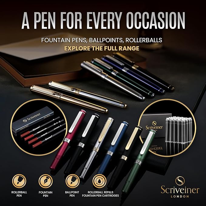 Scriveiner Personalized Luxury EDC Fountain Pen (Medium), Stunning Matt Black Pocket Pen, Chrome Finish, Schmidt German Nib, Best Engraved Fountain Pen Gift Set for Men & Women, Name Engraving