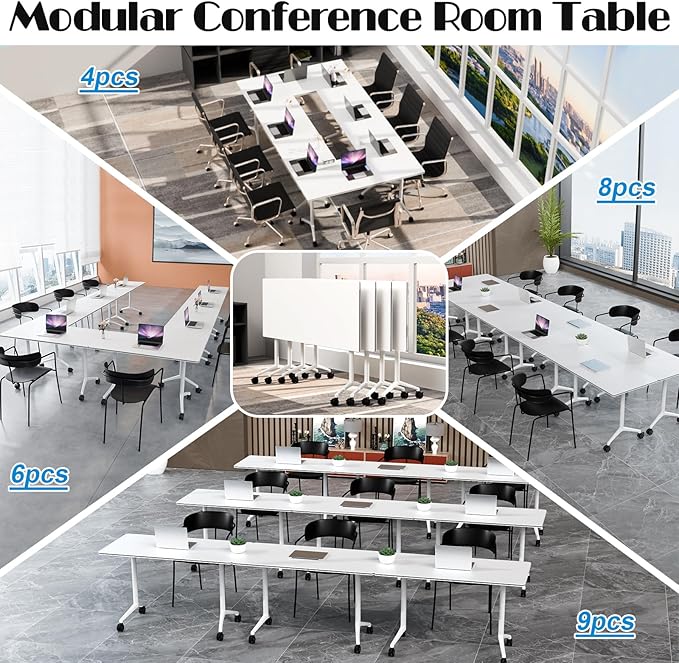 Conference Table Flip Top Mobile Conference Room Tables,Folding Conference Table with Wheels,Large Meeting Training Seminar Table Saving Space for Office Classroom (4, White, 70.8'')