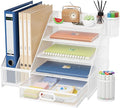 Marbrasse Desk Organizer with File Holder, 5-Tier Paper Letter Tray Organizer with Drawer and 2 Pen Holder,Mesh Desk Organizers and Accessories,Desktop Organizer and Storage for Office Supplies(White)