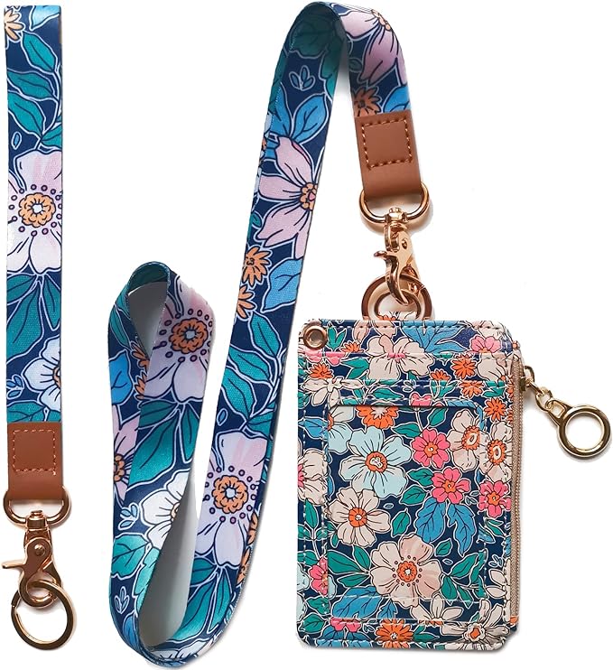 bolimoss Lanyard Wallet,Wallet Lanyard,lanyards for id Badges,lanyards for id Badges for Women,Lanyard Wallet for Women,Fashion Badge Holder with Zipper（Cartoon Floral）