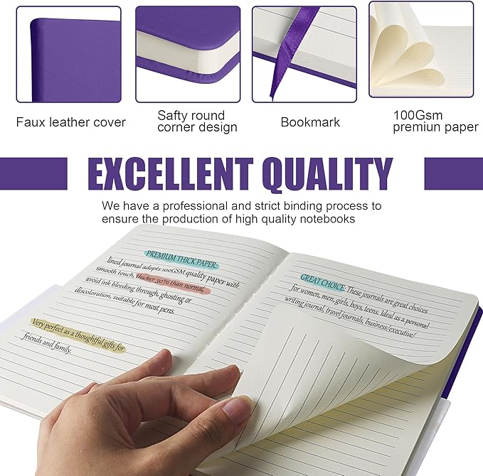 EMOMAS Lined Journal Notebook – Hardcover Notebook for Men & Women – Journals for Writing, Work, School, Home & Daily Notes, 160 Pages – Medium A5, 5.7"x8", 100 gsm Thick Paper (Purple)
