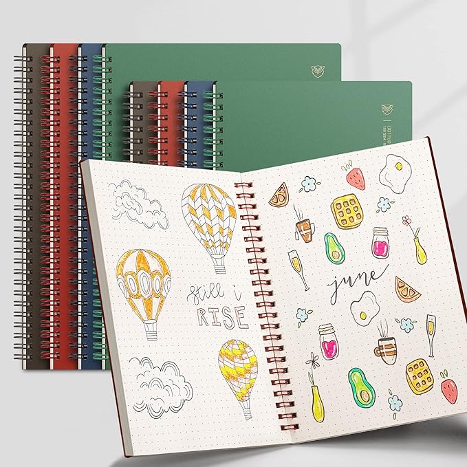 EMSHOI Dotted Journal Spiral Notebook 5.7" x 8.22" - 4 Pack 640 Pages 100gsm Thick Paper, A5 Dot Grid Notebook, Plastic Hardcover Bullet Notebooks Journals for Writing Women Men Work School Supplies