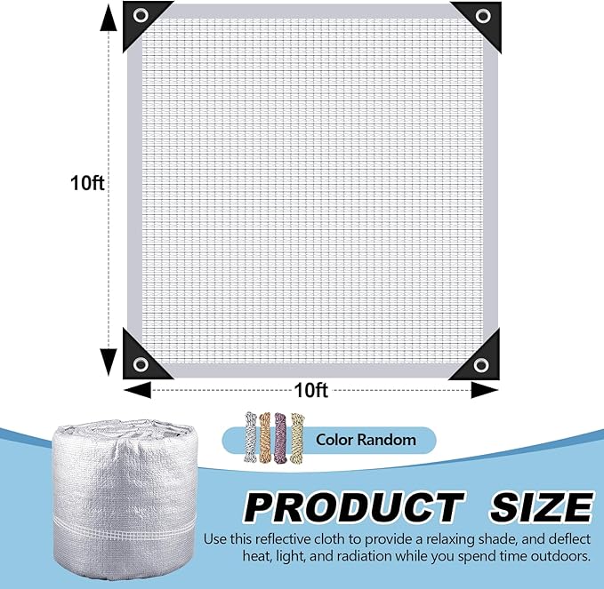 99% Aluminet Shade Cloth Reflective Tarp 10 x 10 ft Aluminium Cloth Porch Privacy Screen with Grommets for Car Garden Pergola Patio Sun Shade Kennel Cover Durable Mesh Canopy Cover Easy Setup