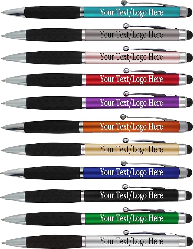 SyPen Personalized Pens With your Custom Logo or Text-600 Pack Bulk-for Businesses, Parties, and Events, 2 in 1 Ballpoint Pen & Stylus for Touchscreen Devices, Silver Barrel, Black Ink