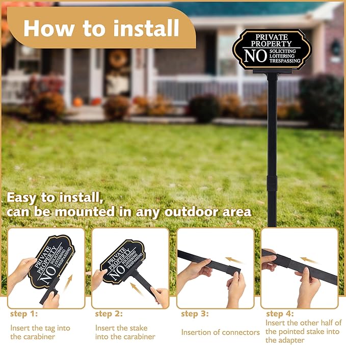 Private Property No Trespassing Sign with Stake, No Soliciting Sign for House 5x10 inch/35 inch High, for Front Door/Lawns/Gardens and Business