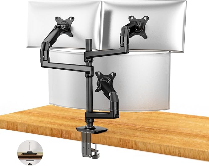 Ergounion Triple Monitor Mount, Holds Screens up to 40 Inches and 25 lbs, Fully Adjustable 3 Monitor Desk Mount with C-Clamp and Grommet Base, Aluminum, Black