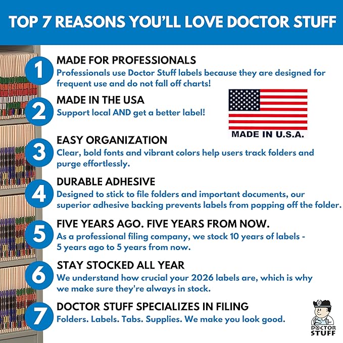 2026 Year Labels, Doctor Stuff 2026 Chart Stickers, Orange/Black Color Coded, Jeter Style, USA Made Year Labels for End Tab File Folders, 500/Roll, 1 Roll, 3/4" x 1-1/2"