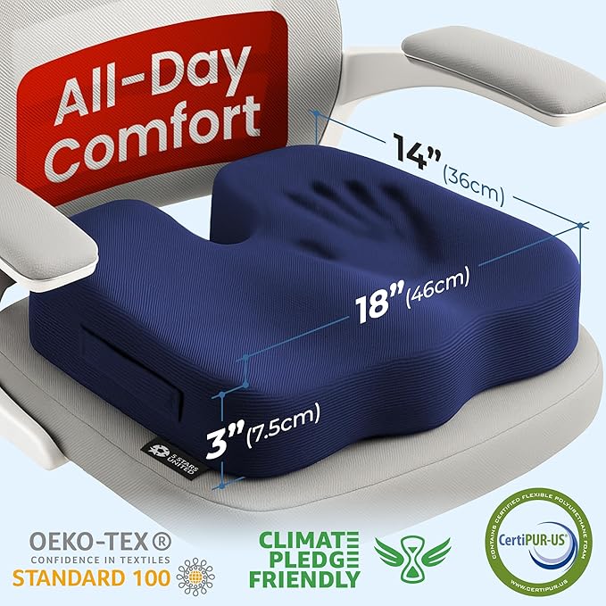 5 STARS UNITED Seat Cushion for Tailbone Pain Relief – Memory Foam Cushion for Coccyx, Hip, Hemorrhoid, Sciatica & Post-Surgery Recovery – Wheelchair, Car, Desk, Gaming & Office Chairs, D Blue