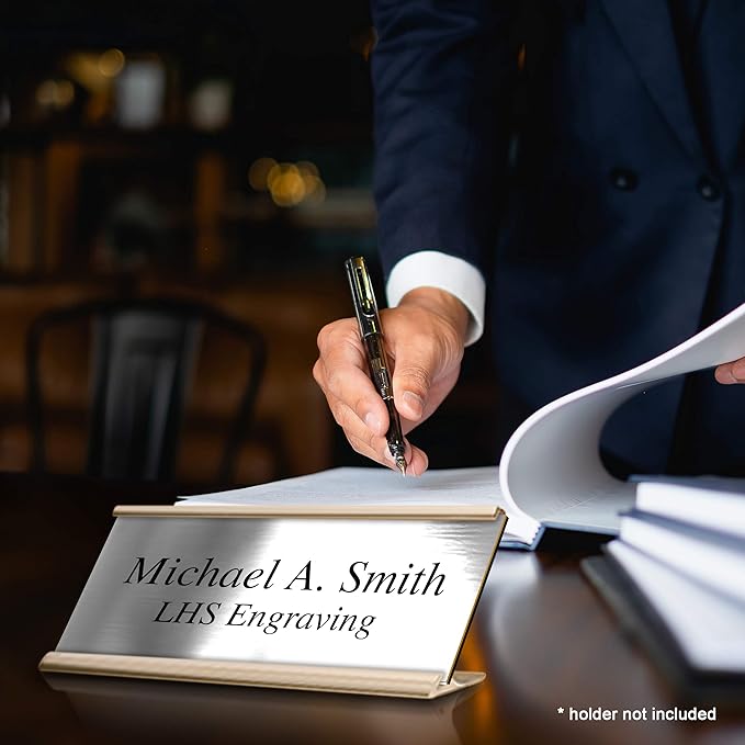 Custom Name Plate with Choice of Mounting for Walls, Doors, Cubicles, Hanging and More - Personalized Brushed Silver Plastic Black Letters - USA Made 2x10 - M1