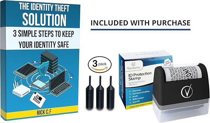 Vantamo Identity Theft Protection Roller Stamp for Hiding Sensitive Information, Wide Confidential Stamp with 3 Ink Refill, Security Stamp Roller for Identity Theft Prevention, Classy Black