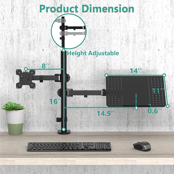 WALI Laptop and Monitor Stand, Fully Adjustable Monitor Mount and Laptop Tray for 1 Notebook up to 17 inch and 1 Screen up to 27 inch, 22 lbs, Weight Capacity (M001LP), Black
