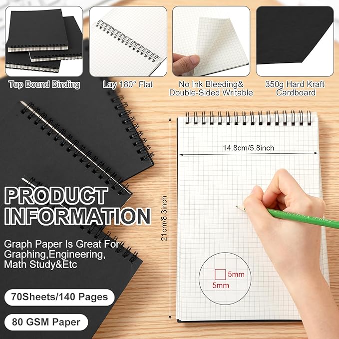 Engrowtic 12 Pack Graph Paper Spiral Notepad A5 Top Wirebound Notepad Grid Notebook Steno Pads Memo Notebook Grid Paper 140 Pages for Writing Sketching Drawing Office Supplies (Black)