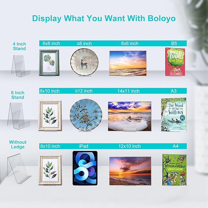 Boloyo Acrylic Book Stand with Ledge,10PC Clear Acrylic Display Easel Transparent Display Stand Holder Tablet Holder for Displaying Books,Magazine,Plate,Pictures,Artworks, CDs
