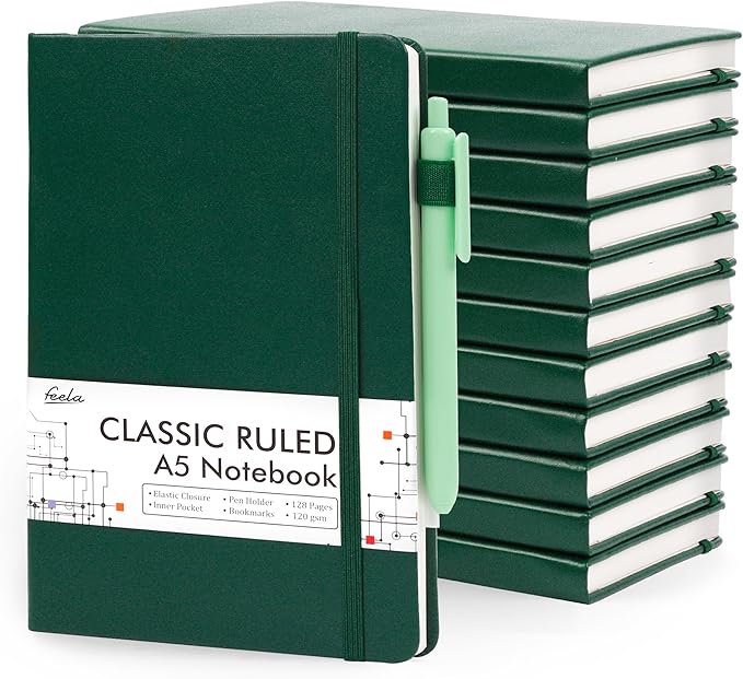 feela 12 Pack Notebooks Journals Bulk with 12 Black Pens, A5 Hardcover Notebook Classic Ruled Journal Set with Pen Holder for School Business Work Travel Writing, 120 GSM, 5.1”x8.3”, Dark Green