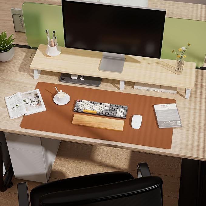 Aothia Double-Sided Desk Pad, 35.4" x 15.7"Leather Desk Mat, Eco Cork Desk Pad Protector,Large Mouse Pad,Waterproof Desk Blotter for Office/Home(Brown)