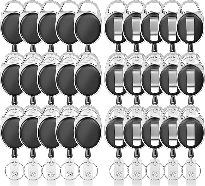 Retractable Badge Holder with Carabiner Reel Clip and Key Ring for ID Card Key Keychain Holders Black 30 Pieces