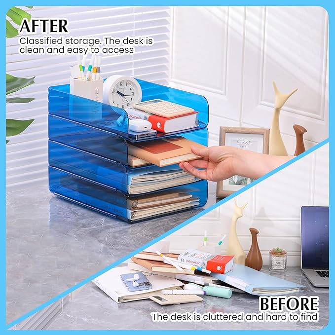 CiWiVOKi 4 Pack Stackable Paper Tray Organizer File Organizer for Desk, Office Organizer and Storage for Desk Accessories, Notes, Books, File Paper, Document, Blue