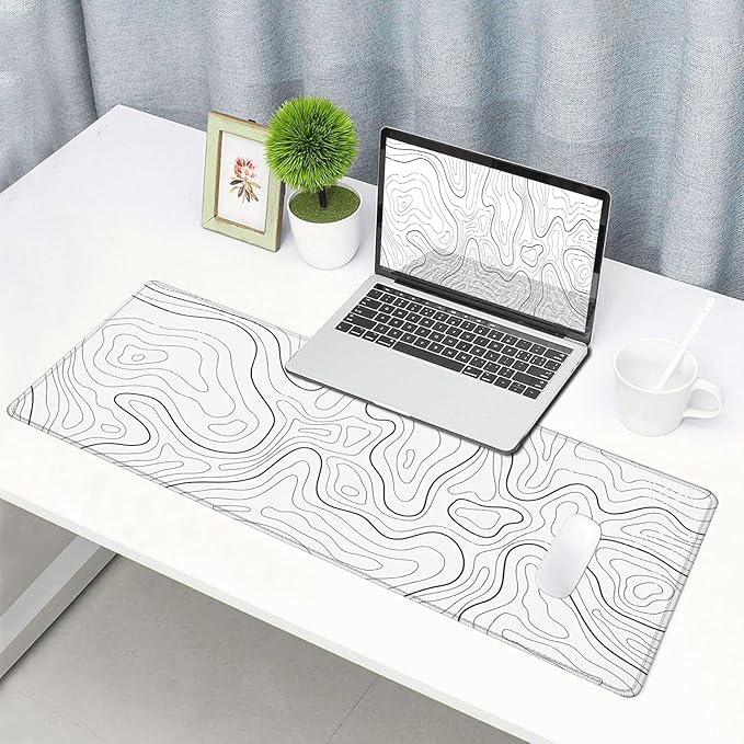 Armanza Mouse Pad Large, Extended XL Gaming Mousepad, Non-Slip Rubber Base Minimalist Keyboard Mouse Mat Desk Pad for Work, Game, Office, Home, 31.5 x 11.8 in, White Topographic Map Lines
