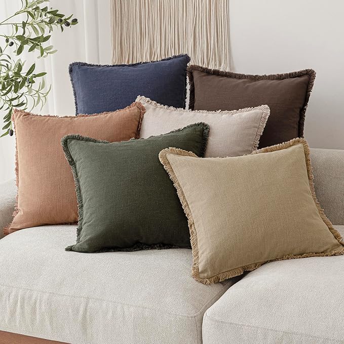 Foindtower Set of 2 Decorative Linen Fringe Throw Pillow Covers Boho Farmhouse Cushion Cover with Tassels Soft Accent Pillowcase for Couch Chair Sofa Bed Living Room Home Decor,24×24 Inch,Tan Beige