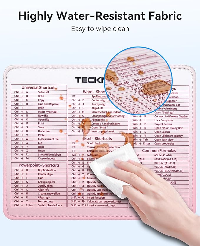TECKNET Shortcut Mouse Pad for Excel Word PowerPoint Windows, Non-Slip Waterproof Office Desk Mat-11.6x9.8 Inch, 68 Keyboard Shortcuts, Portable Computer Mouse pad, Durable, Clear Printing, Pink