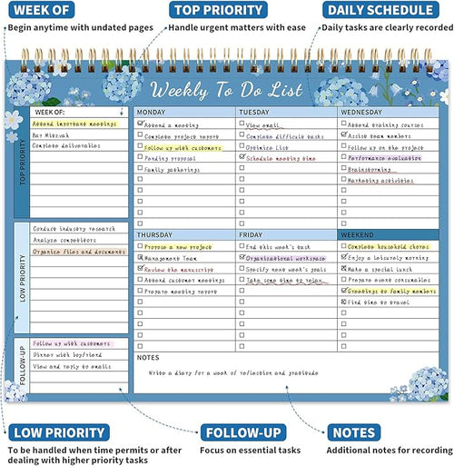 104 Pgs Weekly To Do List Notepad, 52 Duplex-Printed Undated Sheets 100 GSM（8.5"×11") Weekly Desk Planner For Work Home School Office Desk Accessories Supplies & Goal Setting Tasks -Blue Hydrangea