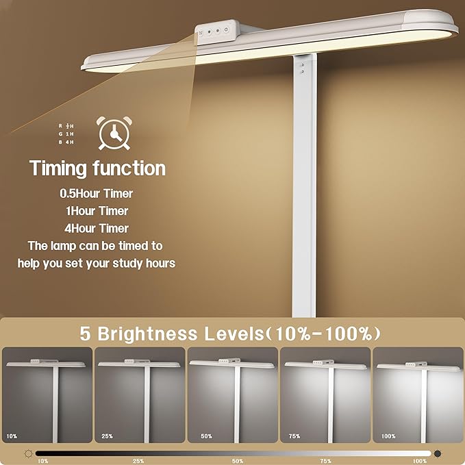 AKRRYR LED Desk Lamp for Home Office, Double Head Desk Lamp,24W Dimmable Desk Light 5 Color 5 Brightness Levels Office Lamp, Adjustable Gooseneck Office Light Eye Protection (White-Large Desk lamp)