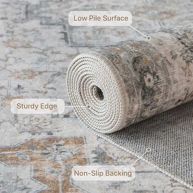 GENIMO 2'6''x16 Runner Rugs for Hallway, Machine Washable Non Slip Vintage Rugs, Low Pile Soft Chenille Print Rug for enrtyway, Corridor, Home Office,Light Taupe Brown