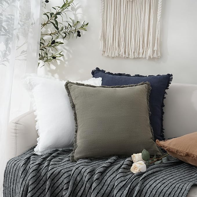 Foindtower Set of 2 Decorative Linen Fringe Throw Pillow Covers Cozy Boho Farmhouse Cushion Cover with Tassels Soft Accent Pillowcase for Couch Sofa Bed Living Room Home Decor, 24×24 Inch, Navy Blue