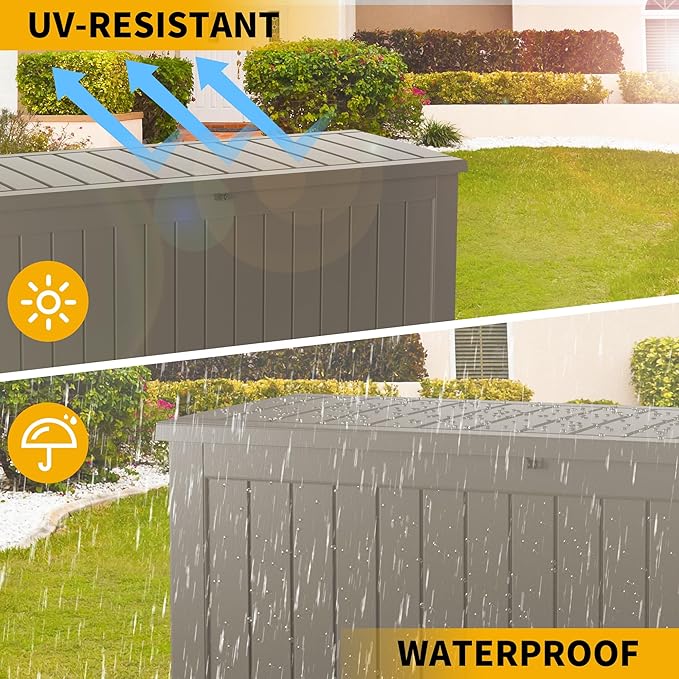 Decksplore 150 Gallon Outdoor Storage Box Waterproof Lockable Resin Deck Box Large, Patio Storage Bin for Pool Accessories Cushion Furniture, Garden Tools, UV-Resistant Outside Delivery Grey
