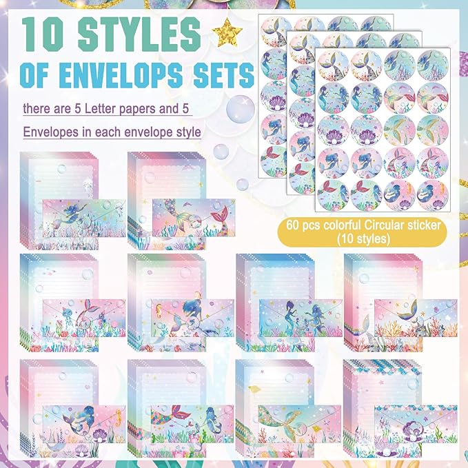 TaoBary 160 Pcs Stationery Paper Set 50 Double Sided Stationery Papers with 50 Matching Envelopes and 60 Round Dot Sticker, 10 Design(Mermaid,8.5 x 11 Inch)