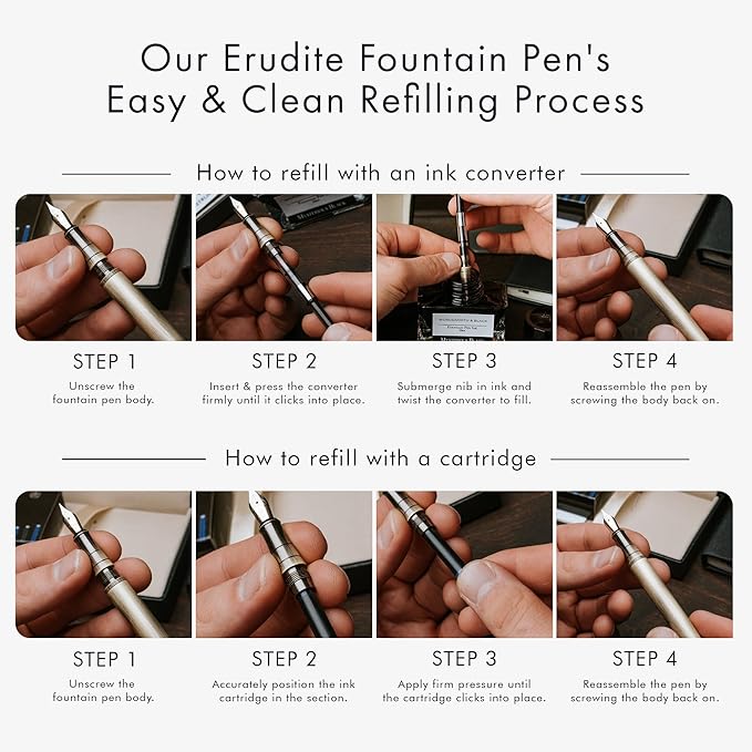 Wordsworth & Black Fountain Pen Set, Bent Nib, Includes 24 Pack Ink Cartridges, Ink Refill Converter & Gift Box, Chrome Finish, Calligraphy, [Silver Chrome], Perfect for Men & Women
