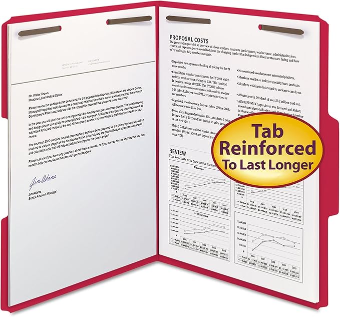 Pendaflex Fastener Folders, 2 Fasteners, Letter Size, Red, 1/3 Cut Tabs in Left, Right, Center Positions, 50 per Box (22740), Specialty